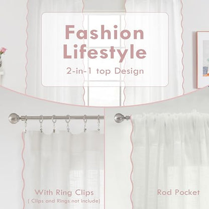 DriftAway Semi Sheer Scalloped Edge White Coastal Beach Window Curtains for Living Room Bedroom 2 Panels Rod Pocket Each Size 52 Inch by 63 Inch Pink - color: White Pink, size: 52"W x 63"L (Pack of 2)
