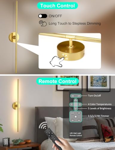 Wall Sconces Battery Operated Set of 2, 10000mAh Rechargeable Wall Lights - color: Gold