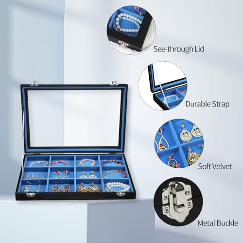 Stratalife 12 Grid Bracelet Jewelry Box, Bangle Holder Organizer with Lid - color: Blue-Black, size: 12 Grid