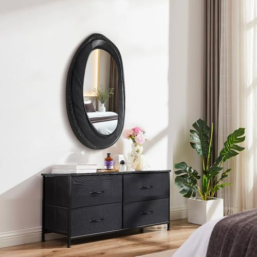POZINO 40"X20" Irregular Wall Mirror, Black Asymmetrical Wood Mirror - size: 40"L x 20"W