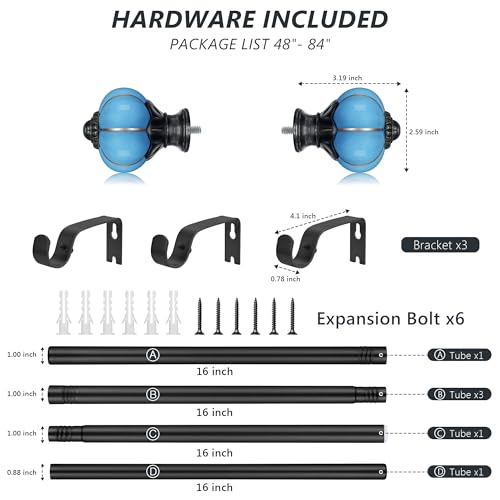 Ceramic Curtain Rods for Windows 48 to 84 Inch 1 Inch Adjustable - color: Black Blue, size: 48"-84"