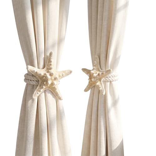 2 Pack Natural Starfish Rope Curtain Tiebacks Holdbacks, Hand Woven Cotton Curtain Ties, Coastal Nautical Decor for Sheer & Outdoor Curtains, Bedroom Bathroom Wedding Drapery Accessories