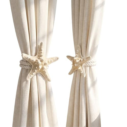 2 Pack Natural Starfish Rope Curtain Tiebacks Holdbacks, Hand Woven Cotton Curtain Ties, Coastal Nautical Decor for Sheer & Outdoor Curtains, Bedroom Bathroom Wedding Drapery Accessories