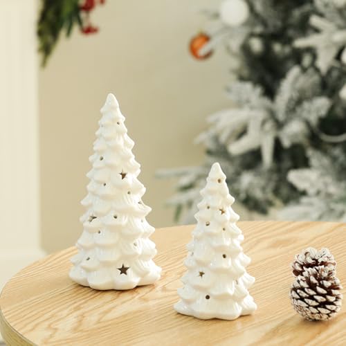 HOMCDALY 2 PCS White Small Christmas Tree with Lights, Mini Christmas Tree for Christmas Décor, Tabletop Xmas Tree Figurines, Christmas Decorations（Ceramic）
