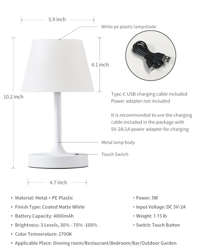 PUSU Cordless LED White Small Table Lamp, Waterproof Shower Desk lamp - color: Matte White (Metal + PE Plastic)