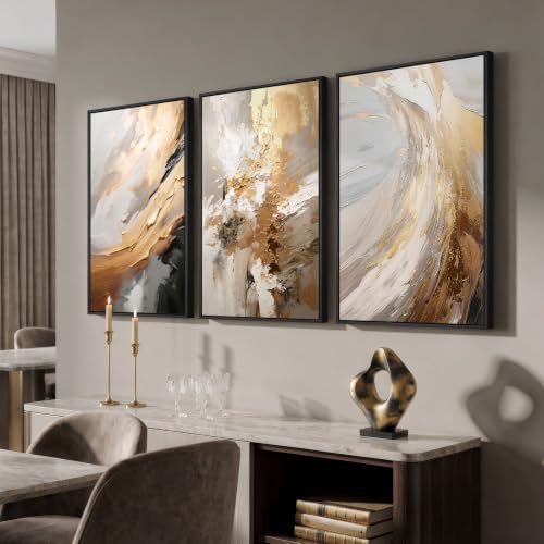 Framed Neutral Gold Abstract Wall Art for Bedroom, 3 Piece Set, 16x24 In - color: Neutral Gold Accents, size: 16" W x 24" H x 3pcs