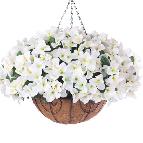 Artificial Hanging Flowers Faux Plants Basket for Outdoors Fall Winter Decor, Fake Silk Bougainvillea in Planter Outdoor Look Real UV Resistant Faux Flower for Outside Porch Patio Garden Home, White - color: White-new
