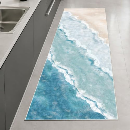 Beach Pattern 2.6x8ft Runner Rug Non Slip Washable Kitchen Runner Rug with Rubber Backing，Low-Pile Soft Washable Runner Rugs for Hallway Entryway Kitchen Bedroom Living Room Bathroom - color: Light Blue Beach, size: 2'6" x 8' (Rug)