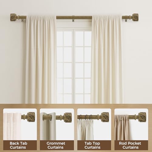 Boho Wood Curtain Rods for Windows 32 to 90 Inch, 1" Adjustable Heavy Duty Window Curtain Rod with Imitation Wooden Grain Leaf Finials, Farmhouse Drapery Rods, Size 32"-90", Dark Weathered Wood - color: Dark Weathered Wood, size: 32" to 90"