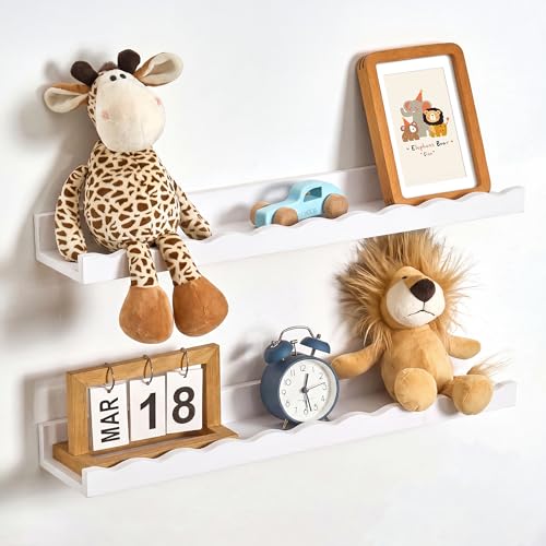 Fun Memories Picture Ledge Shelf for Wall, 24 inch Pine Wood Nursery Book Shelves Set of 2- Wall Book Shelves for Kids Room, Home Decor - Kitchen Spice-White - color: White, size: 24", Set of 2