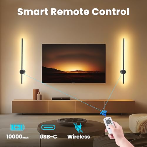 NIORSUN 24 Inch Battery Operated Wall Sconce Set of 2,Black Minimalist Rechargeable LED Wall Lights with Remote, 10 Colors Dimmable Wireless Wall Lamp for Living Room Bedroom Hallway - color: Black, size: 24 Inch