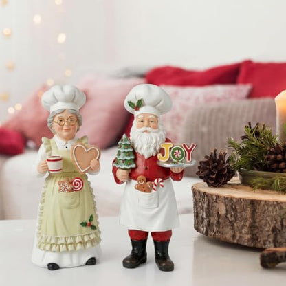 Yuntau 2 Pcs Chef Santa & Mrs. Claus Christmas Figurines Decor Wooden Christmas Chef Santa Statues Table Ornament Holiday Xmas Decor Gift for Kitchen Mantel Home Decoration Party Supplies Decoration - style: Chef Santa