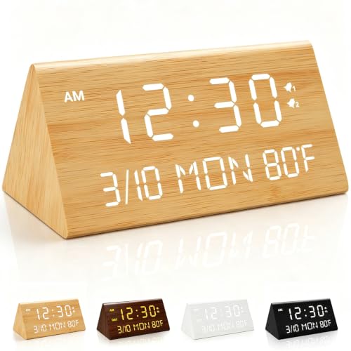 Premium Wooden Digital Alarm Clock with USB Charging Ports, Dimmable LED Display, Date, Day of Week, Temperature, DST, Clocks for Bedrooms, Desk, Nightstand, Bedside, Table, Office, Living Room Decor - color: Triangle - Bamboo