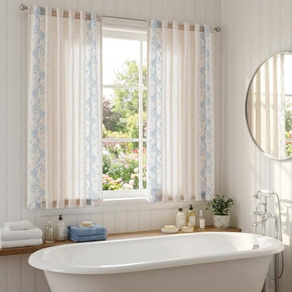 jinchan Floral Linen Curtains, Back Tab 50x63 Inch, 2 Panels Blue - color: Vine | Sky Blue, size: 50"W x 63"L (Pack of 2)