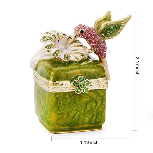 Hand Painted Enamel Hinged Trinket Box, Unique Mini Ring Necklace Jewelry Organizer, Classical Antique Bejeweled Storage, Figurine Collectible Keepsake Home Decor (Hummingbird on Box)