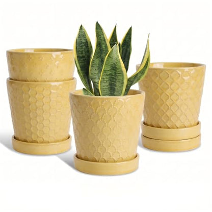 EFISPSS Ceramic Plant Pots, 5 Inch Planters with Drainage Holes and Ceramic Tray, Relief Design Flower Planter, Desktop Office Windowsill Decoration Gift Set of 4 - Lemon Yellow - color: Lemon Yellow