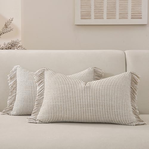 Handmade Tassel Boho Striped Fringe Throw Pillow Covers Set of 2-20x12 Inch,Decorative Pillows Cushion Covers for Sofa Couch Bed Living Room Farmhouse, Khaki - color: Khaki, size: 20" x 12" (Pack of 2)