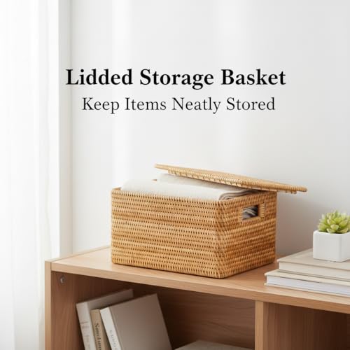 Rattan Storage Basket with Lid – 18×12×7 inch for Home - size: 18"×12"×7"