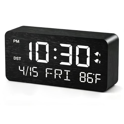 Premium Wooden Digital Alarm Clock with USB Charging Ports, Dimmable LED Display, Date, Day of Week, Temperature, DST, Clocks for Bedrooms, Desk, Nightstand, Bedside, Table, Office, Living Room Decor - color: Rectangle - Black