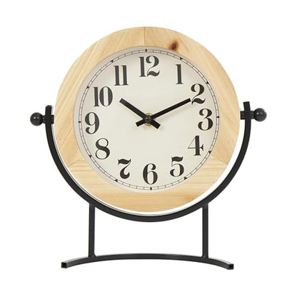 Deco 79 Wood Clock with Curved Black Metal Stand and Ball Details, 10" x 3" x 10", Light Brown
