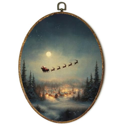 FSTCSV Christmas Santa Sleigh Reindeer Oval Wall Art Framed 8.8x11.5in - color: oval-3