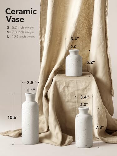 LE TAUCI Ceramic Vase Set of 3, Matte Flower Vases for Fresh or Dried Flowers, Modern Farmhouse Home Decor for Coffee Table, Mantel, Shelf, Entryway, Speckled White - color: White Speckled