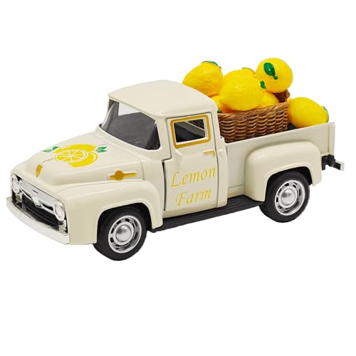 Lemon Decor - 4.9″Farmhouse Vintage Metal Truck with Mini Fake Lemons for Home Kitchen Table, Shelf, Party Decorations and Lemonade Stand Decor Summer Tiered Tray Decoration - color: Lemon-white