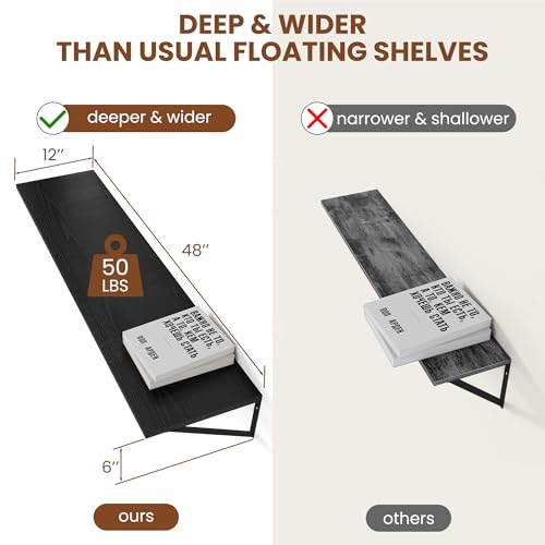 Heimlove 48W x 12D Deep Floating Shelves Set of 2 Black - color: Black With Black Metal Bracket, size: 48Wx12Dx5.8H