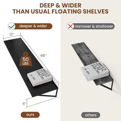 Heimlove 48W x 12D Deep Floating Shelves Set of 2 Black - color: Black With Black Metal Bracket, size: 48Wx12Dx5.8H