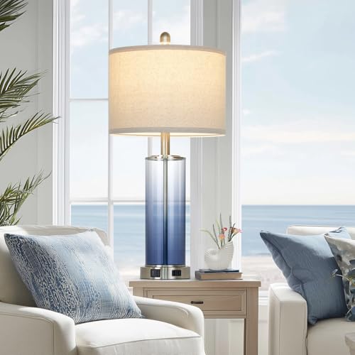 26" Coastal Blue Glass Table Lamps Set of 2, 3-Way Dimmable Touch Control Bedroom Lamp with USB C+A Ports & AC Outlet, Elegant Living Room Lamp, Nautical Bedside Lamps for Nightstand Side End Table - color: Blue