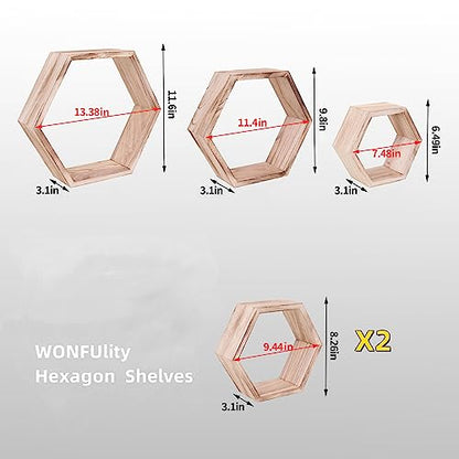 WONFUlity Hexagon Floating Shelves, Hexagonal Shelf Wall Mounted Storage - color: Light Brown, size: 8PC