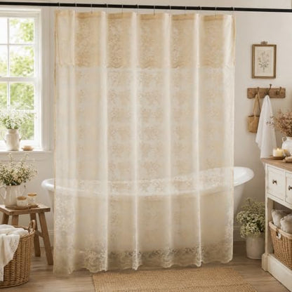 TUDECO Beige Lace Shower Curtain with Attached Valance, 72 x 72 Inch - color: Beige, size: 72"W x 72"L (Pack of 1)