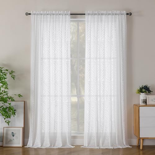Simplebrand Semi Sheer White Curtains 96 Inches Long 2 Panels, Light Filtering Geometric Jacquard Clip Textured Sheer Curtains for Living Roon，Modern Elegant Window Curtains Drapes，52x96 inch - color: White, size: 52"W x 96"L (Pack of 2)