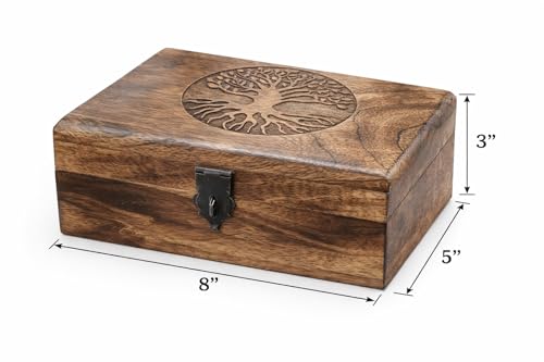 Handmade Mango Wood Keepsake Box with Engraved Tree of Life – Wooden Jewelry Box, Trinket Box, Flame Worked Finish, Unique Gift for Women & Men