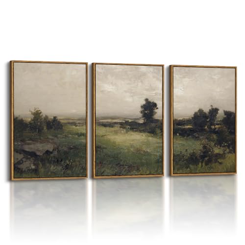 InSimSea Oversized Vintage Landscape Art, Field Picture, 3Pcs,16x24in | Framed Canvas Artwork, French Country, Rustic Farmhouse Decor, Bedroom Above of Bed Living Room Hallway - color: Housatonic Valley