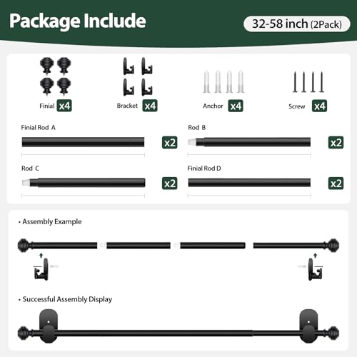 KAMANINA No Drill Curtain Rods for Windows 32 to 58 Inches, 2 Pack, Black - color: Black, size: 32-58"（2Pack）