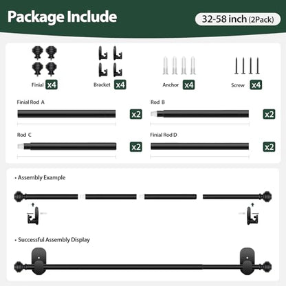 KAMANINA No Drill Curtain Rods for Windows 32 to 58 Inches, 2 Pack, Black - color: Black, size: 32-58"（2Pack）