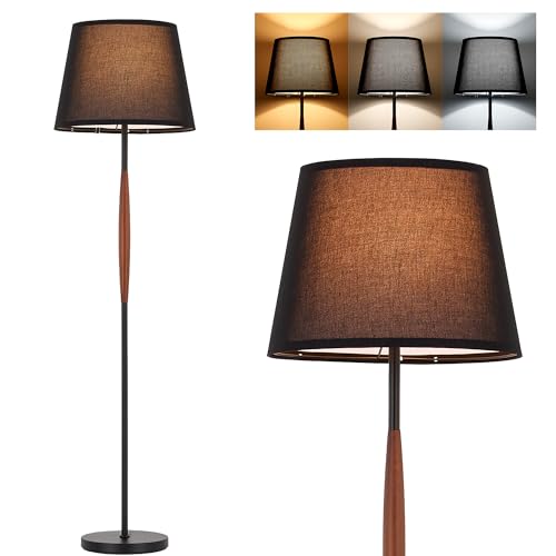 ELYONA Mid Century Modern Floor Lamp, Solid Wood Reading Standing Lamp with Black Linen Fabric Shade, Vintage Corner Light for Living Room Bedroom Office 3 Color Temperatures 9W Bulbs Included, Walnut - color: Walnut & Black