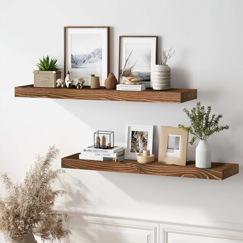 Solid Wood Floating Shelves, 36 Inch Wall Shelves, Set of 2, Brown - color: Brown, size: 36x8x1.6