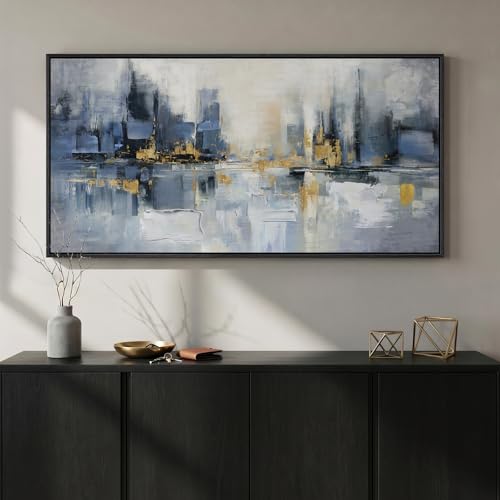 Extra Large Framed Blue Abstract Modern Wall Art for Living Room, 60x30 In - color: Blue, size: 60"L x 30"W