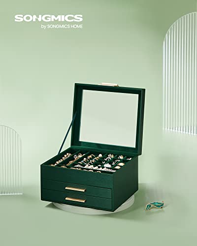 SONGMICS Jewelry Box Organizer, 3-Layer Storage with 2 Drawers, Glass Lid - color: Forest Green + Gold, size: 3 Layer (8"d X 9.1"w)