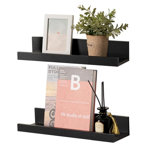 Muzilife 16" Wood Floating Shelves Wall Shelf with Lip, 2Pcs, Black - color: Black, size: 16"