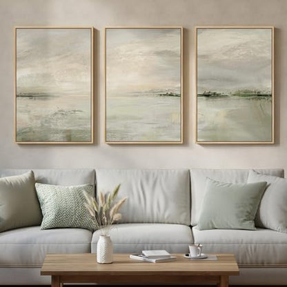 Large Framed Sage Green Abstract Landscape Wall Art, 3 Piece Set, 20x30 In - color: Warm Green, size: 20" W x 30" H x 3pcs