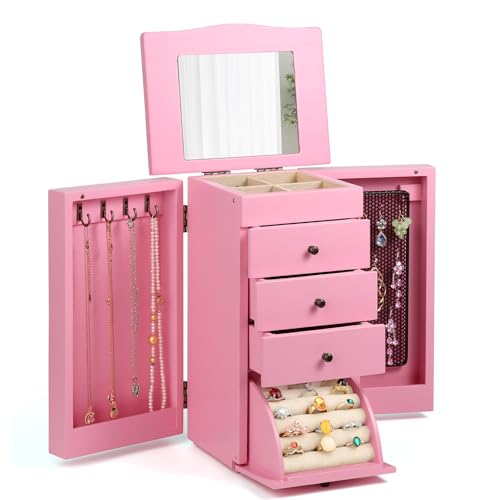 Meangood Jewelry Box Jewelry Organizer, 5-Layer Wooden Jewelry Organizers and Storage Boxes for Women Girls, Ring Earring Bracelet Necklace Holder Organizer with Mirror & Drawers (Pink) - color: Pink, size: 3-Drawer