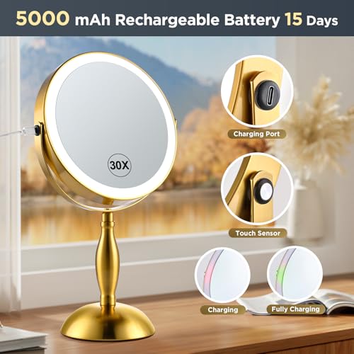 Makeup Mirror with Lights, 30X Golden Magnifying Mirror - color: Gold