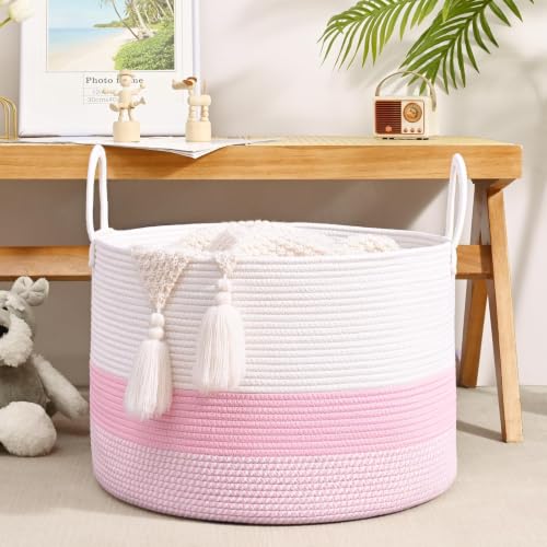67L Large Woven Blanket Basket, Cotton Rope Baby Laundry Hamper with Handles, Kids Toy Basket for Classroom & Nursery, Soft Round Stuffed Animal Storage, Dog Toy Bin - 20"x13", Light Pink - color: Light Pink - W, size: Wide (20"D×13"H)