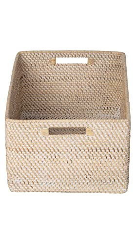 KOUBOO Loma Rectangular Rattan Storage Basket with Handles, White Wash - color: Latte