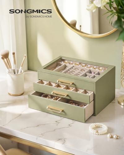 SONGMICS 3-Layer Jewelry Box with Glass Window, 3 Drawers, Golden Handles - color: Sage Green, size: 3-Tier