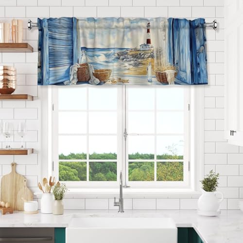 Coastal Lighthouse Curtain Valance 54x18 Inches Window Treatment Rod Pocket Valance for Kitchen Bathroom Bedroom - color: Coastal Lighthouse
