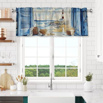 Coastal Lighthouse Curtain Valance 54x18 Inches Window Treatment Rod Pocket Valance for Kitchen Bathroom Bedroom - color: Coastal Lighthouse